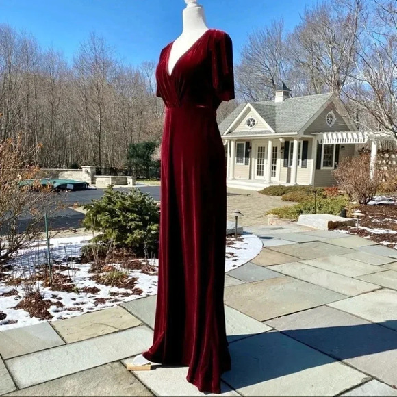 NWT BHLDN Jenny Yoo Ellis Velvet Maxi Dress Short Sleeve in Red Berry 4 - Picture 8 of 15